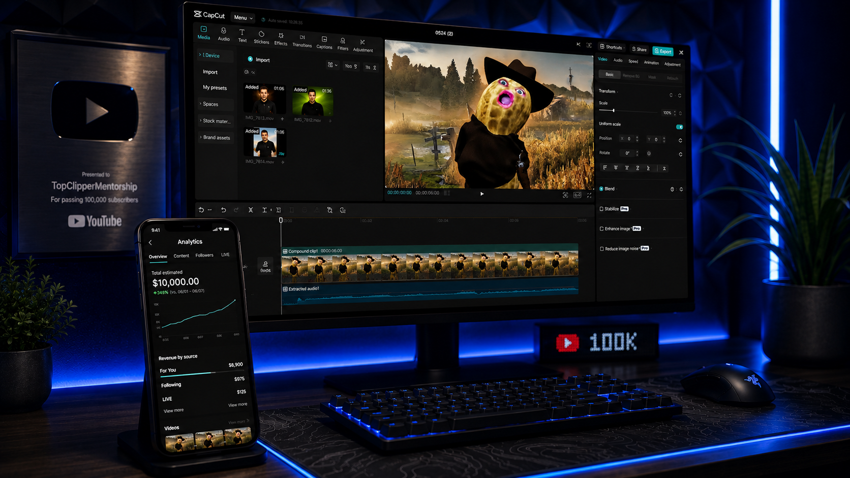 Editing setup with streamer clip going viral on phone